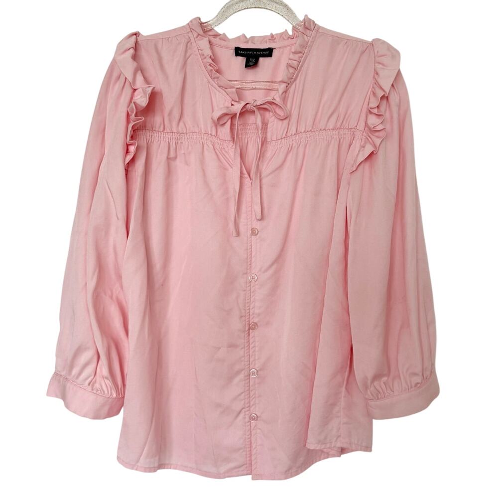 Saks Fifth Avenue Pink Ruffle Pintuck Blouse Tie Neck Top Small Coquette